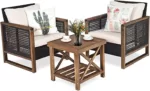 GIANTEX Rattan Gartenmöbel Set 3 teilig, Balkonmöbel Set 2 Personen, Gartensitzgruppe Lounge Set 2 Sessel mit Holztisch, Gartengarnitur Sitzgruppe Gartenlounge Set inkl. waschbarer Kissen