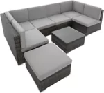 TecTake 800762 XXL Poly Rattan Sitzgruppe Venedig, 6 Sitze 1 Tisch 1 Hocker mit Edelstahlschrauben, extra Dicke Sitzkissen (Grau | Nr. 402698)