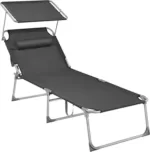 SONGMICS Große Sonnenliege, klappbarer Liegestuhl, 200 x 71 x 38 cm, Belastbarkeit 150 kg, mit Sonnenschutz, Kopfstütze und Verstellbarer Rückenlehne, für Garten Pool Terrasse, anthrazit GCB22GYV2