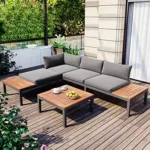 Merax Gartenmöbel Set 4-Personen, Lounge Sitzgruppe Outdoor mit Sofa Tisch, Ecksofa-Set aus Stahl und Massivholz, für Garten Balkon und Terrasse, inkl. Kissen, Gartenlounge Set, Hellgrau