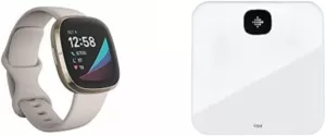 Fitbit Sense - fortschrittliche Gesundheits-Smartwatch mit Tools für Herzgesundheit, Stressmanagement & zur Anzeige von Hauttemperatur-Trends, Mondweiß + Air Intelligente Waage, weiß